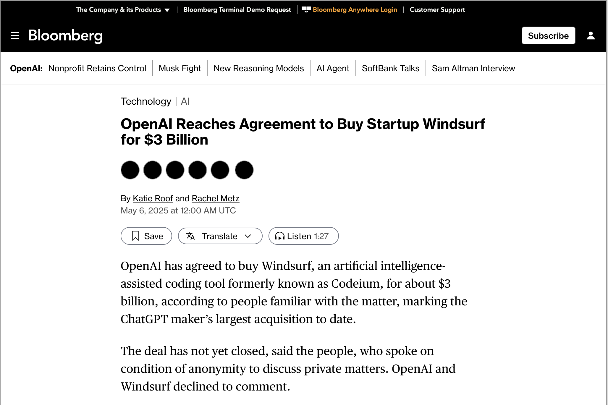 Bloomberg news about acquisition